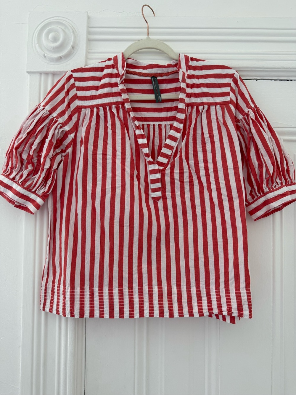 Anthropologie Darcy Popover Orange and White Striped V-Neck Puff Sleeve Blouse - Picture 5 of 12
